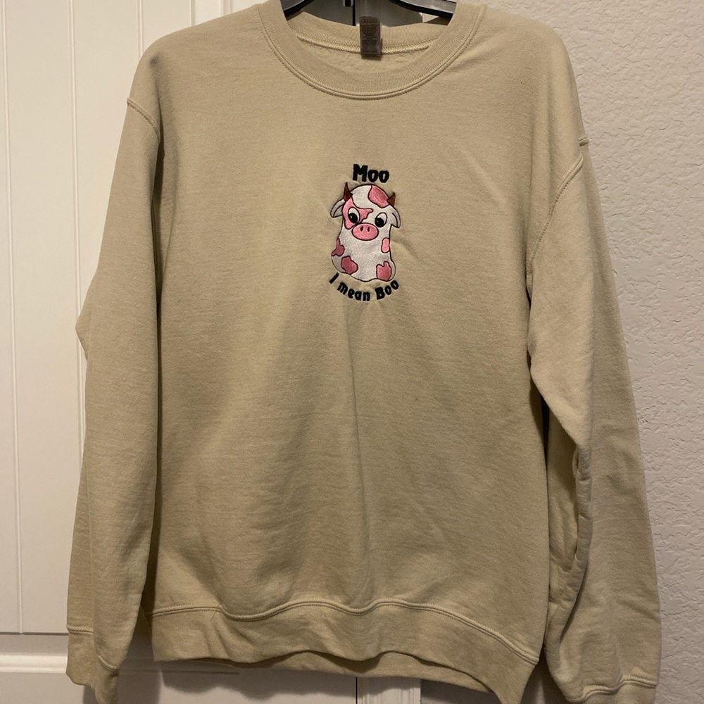 Cream Sweater with Cute Cow Design